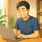 副業スタートに向けてノートPCで作業を始めるカジュアルな30代男性（アニメ風イラスト）