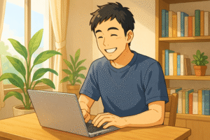 副業スタートに向けてノートPCで作業を始めるカジュアルな30代男性（アニメ風イラスト）