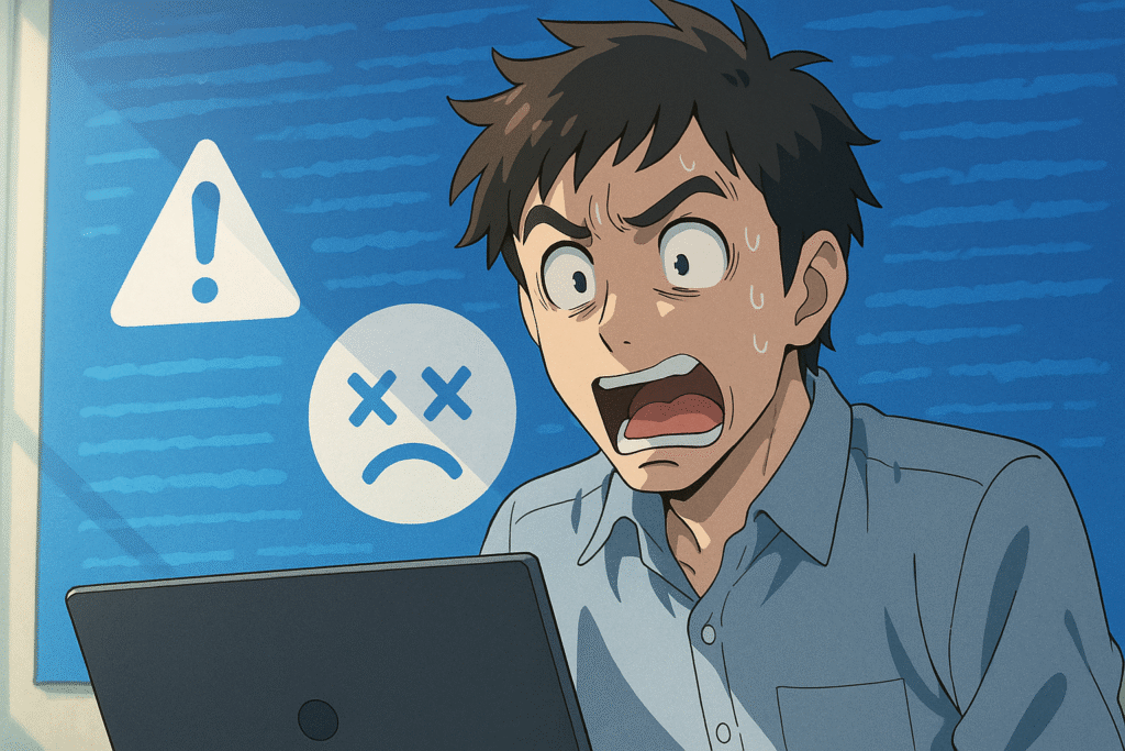 ConoHaのAIツールで失敗してショックを受けている30代男性のアニメ風イラスト