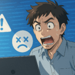 ConoHaのAIツールで失敗してショックを受けている30代男性のアニメ風イラスト