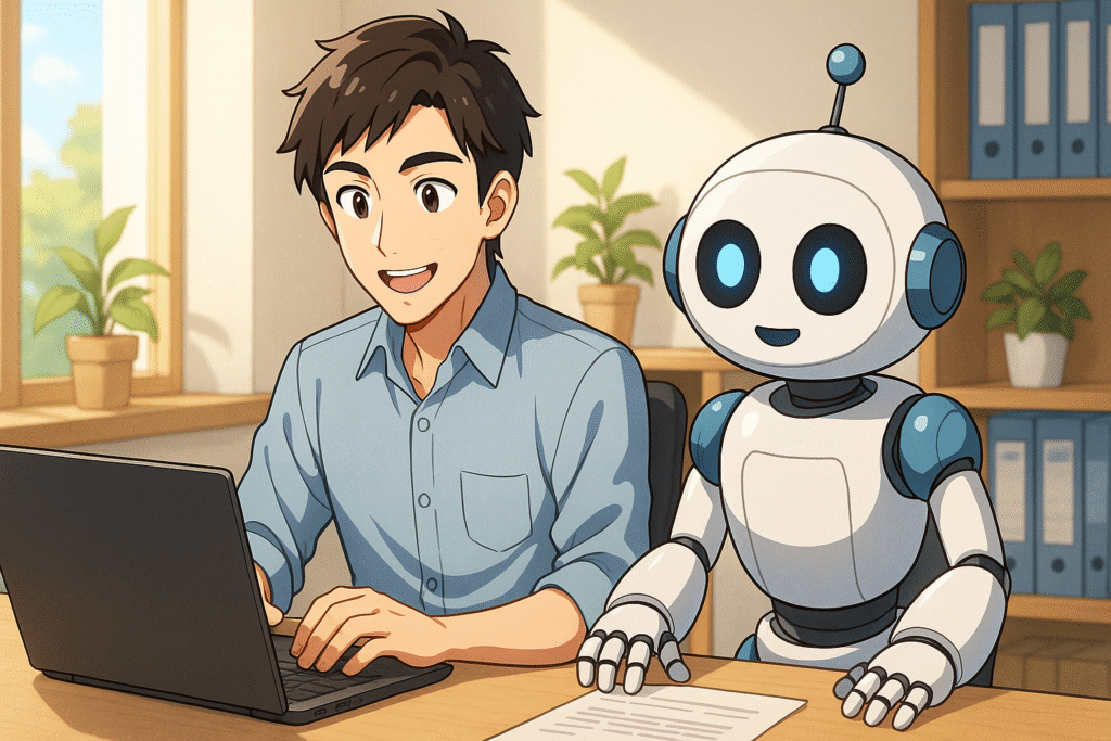 WordPressの初期設定をAIと一緒に効率よくこなす30代男性のアニメ風イラス