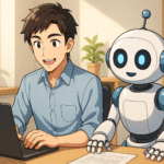 WordPressの初期設定をAIと一緒に効率よくこなす30代男性のアニメ風イラス