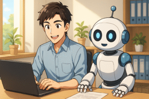 WordPressの初期設定をAIと一緒に効率よくこなす30代男性のアニメ風イラス