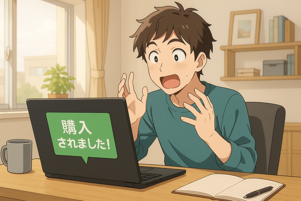 noteで有料記事が売れて喜ぶ男性キャラクターのアニメ風イラスト。パソコン画面に購入通知が表示されている。