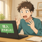 noteで有料記事が売れて喜ぶ男性キャラクターのアニメ風イラスト。パソコン画面に購入通知が表示されている。
