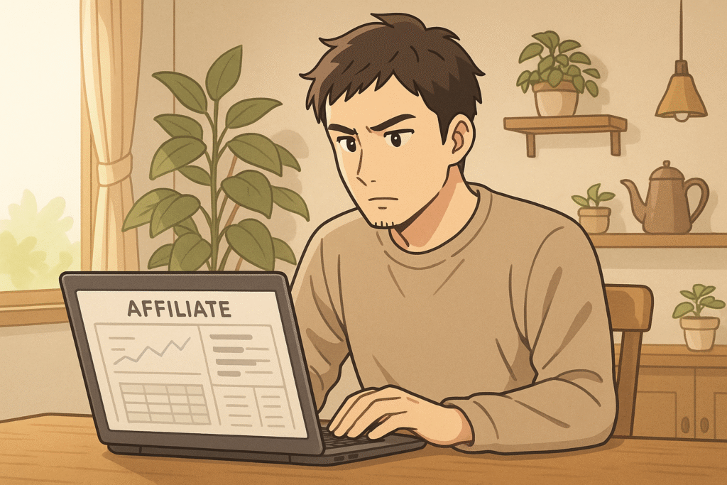 ノートパソコンでアフィリエイト作業をする30代男性のアニメイラスト