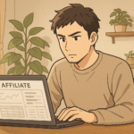 ノートパソコンでアフィリエイト作業をする30代男性のアニメイラスト
