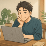 noteの収益画面を見て微笑む30代男性のアニメ風イラスト