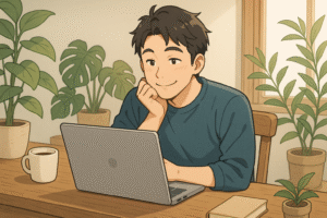 noteの収益画面を見て微笑む30代男性のアニメ風イラスト
