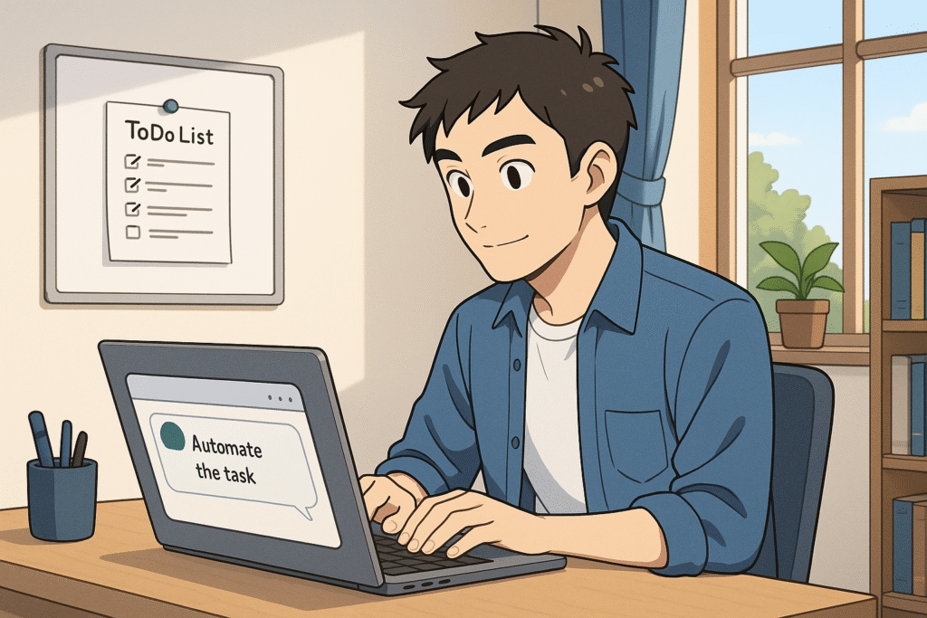 ノートパソコンの前に座り、タスクを自動化するためのプロンプトをChatGPTに入力している30代男性のアニメ風キャラクター。ホワイトボードに「ToDoリスト」らしきメモが貼ってあり、効率化を試みている様子。背景は自宅の作業部屋風、色温度は5500Kの自然光。明るく整った空間、文字やロゴは入れない。