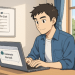 ノートパソコンの前に座り、タスクを自動化するためのプロンプトをChatGPTに入力している30代男性のアニメ風キャラクター。ホワイトボードに「ToDoリスト」らしきメモが貼ってあり、効率化を試みている様子。背景は自宅の作業部屋風、色温度は5500Kの自然光。明るく整った空間、文字やロゴは入れない。
