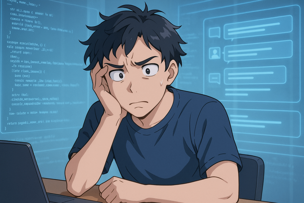 デスクに向かって悩む若い男性のアニメ風イラスト。背景にはチャットウィンドウやコードがホログラムのように浮かび、情報過多に困惑している様子。