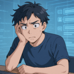 デスクに向かって悩む若い男性のアニメ風イラスト。背景にはチャットウィンドウやコードがホログラムのように浮かび、情報過多に困惑している様子。