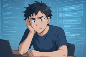 デスクに向かって悩む若い男性のアニメ風イラスト。背景にはチャットウィンドウやコードがホログラムのように浮かび、情報過多に困惑している様子。