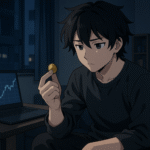 金貨を手に取って見つめるアニメ風キャラクター。部屋にはノートパソコンがあり、投資を考える静かな夜のシーン。