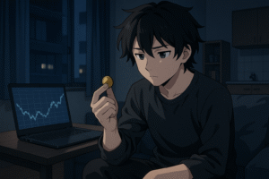 金貨を手に取って見つめるアニメ風キャラクター。部屋にはノートパソコンがあり、投資を考える静かな夜のシーン。
