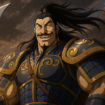 王騎将軍を思わせる甲冑姿の武将が笑みを浮かべているアニメ風イラスト