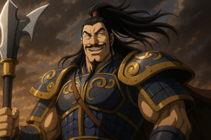王騎将軍を思わせる甲冑姿の武将が笑みを浮かべているアニメ風イラスト