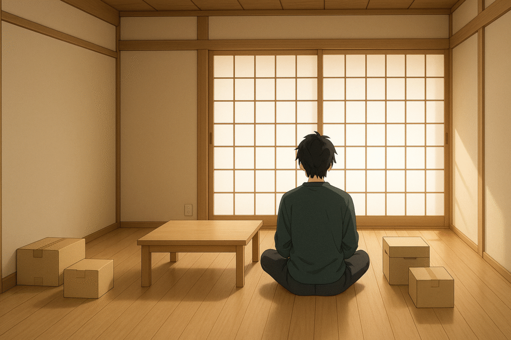 何もない部屋で座っている男性の画像