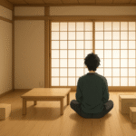 何もない部屋で座っている男性の画像