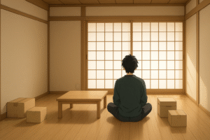 何もない部屋で座っている男性の画像