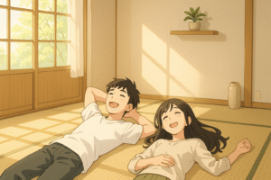 明るい和室でリラックスするミニマリスト風の男女。物が少なく、安心感のあるシンプルな暮らしを表現したアニメイラスト。