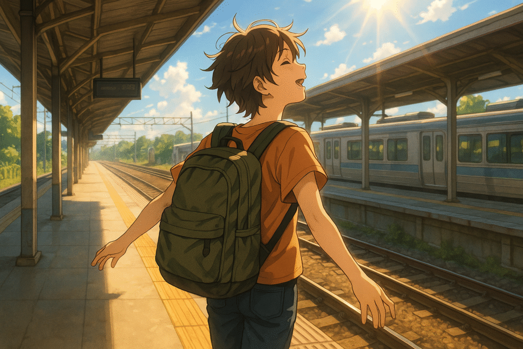 ホームで電車を待つバックパック姿の人、希望と解放感を感じるアニメ風イラスト