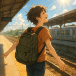 ホームで電車を待つバックパック姿の人、希望と解放感を感じるアニメ風イラスト