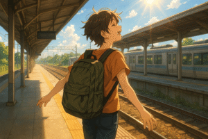 ホームで電車を待つバックパック姿の人、希望と解放感を感じるアニメ風イラスト